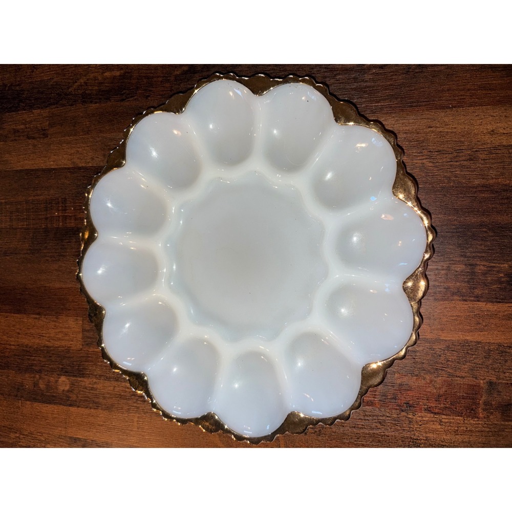 Vintage Milk Glass Deviled Egg Plate Gold Trim Scalloped 10 inch